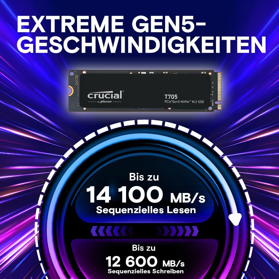 Crucial T705 4TB SSD PCIe Gen5 NVMe M.2 Interne SSD, bis zu 14.100MB/s, Microsoft DirectStorage, PCI
