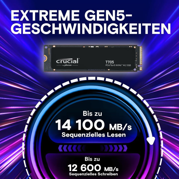Crucial T705 4TB SSD PCIe Gen5 NVMe M.2 Interne SSD, bis zu 14.100MB/s, Microsoft DirectStorage, PCI