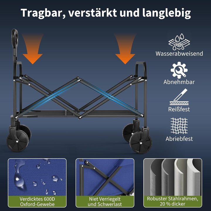 XXL Bollerwagen faltbar 220L, 180KG, Gartenwagen für alle gelände, Handwagen Stahlrahmen 600D Oxford