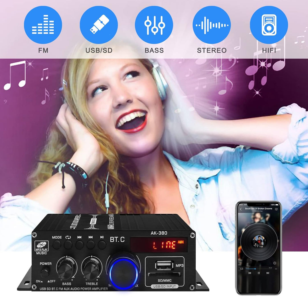 AK-380 Bluetooth 5.0 HiFi Verstärker 2.0-Kanal 40W x 2 Max. 400W Mini Verstärker Stereo Audio Leistu