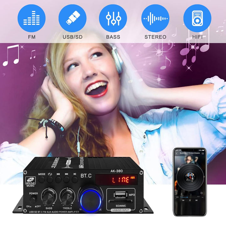 AK-380 Bluetooth 5.0 HiFi Verstärker 2.0-Kanal 40W x 2 Max. 400W Mini Verstärker Stereo Audio Leistu