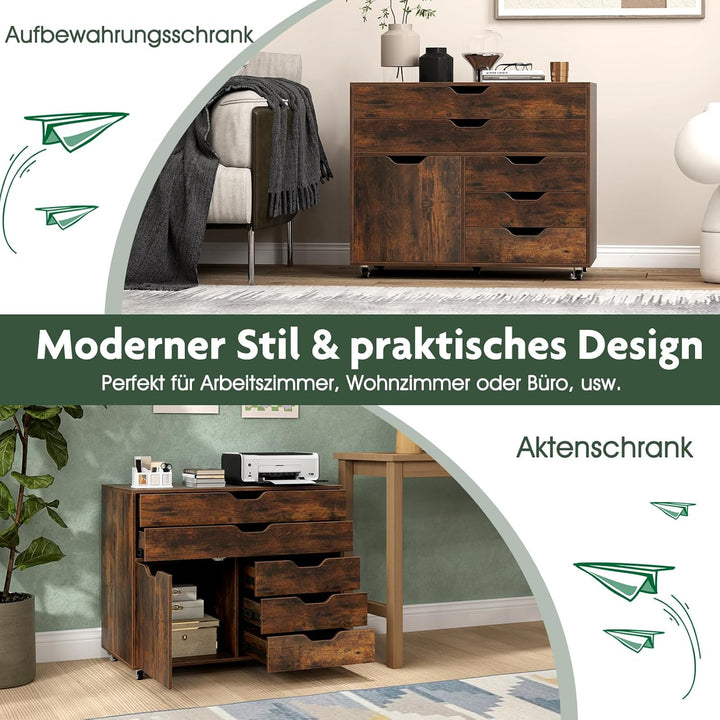 COSTWAY Rollcontainer mit 5 Schubladen & Schrank, mobiler Aktenschrank mit Rollen, Schubladenschrank