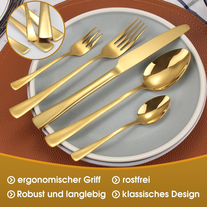 Goldenes Besteck Set 6 Personen, 30 teilig Besteck Set Glänzendes Goldenes aus Edelstahl mit Messern