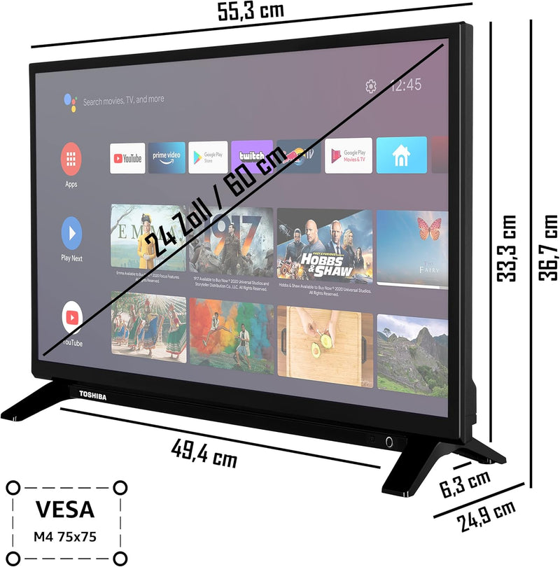 Toshiba 24WA2063DAZ 24 Zoll Fernseher/Android Smart TV (HD Ready, HDR, Google Play Store, Google Ass