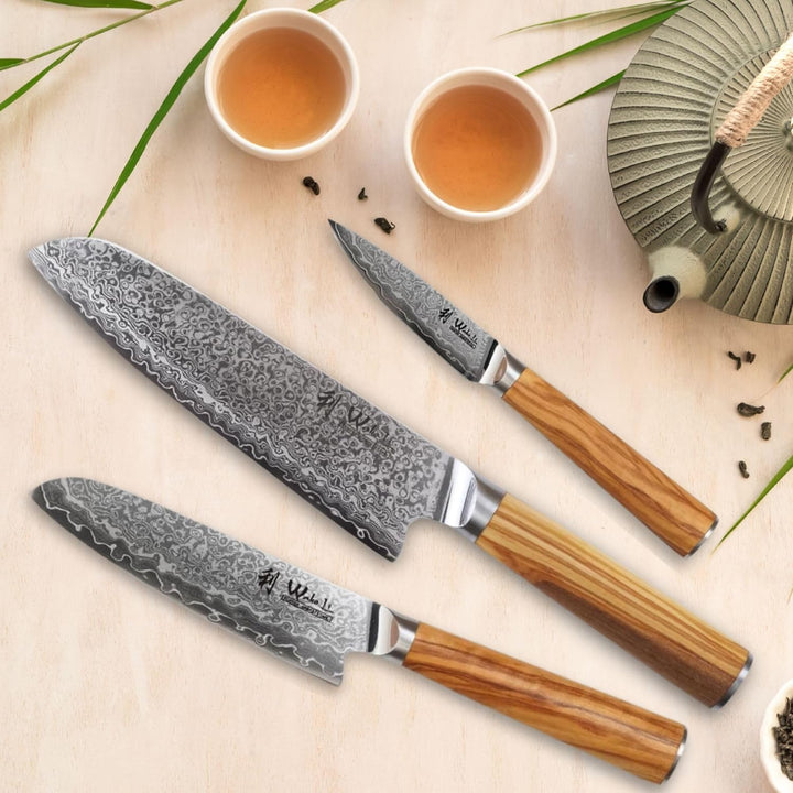 Wakoli Oribu 3er Damastmesser-Set mit 9-18cm Klingen gefertigt aus 67 Lagen echtem Damaststahl mit O