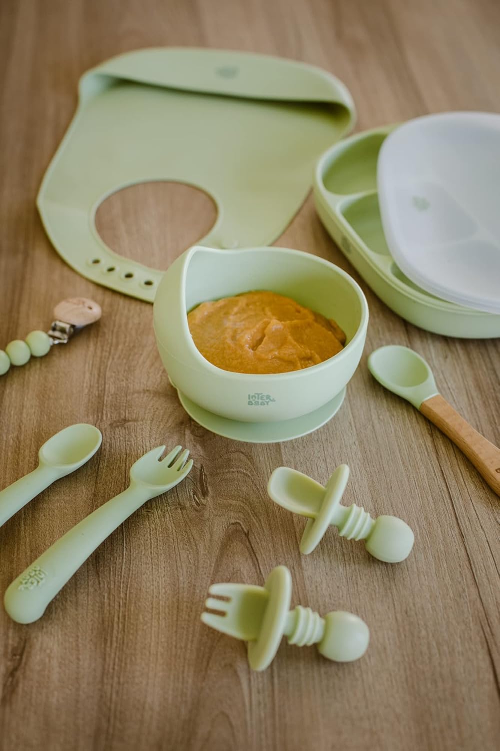 Interbaby Grüne Babyschale und Löffel aus Silikon, Grün