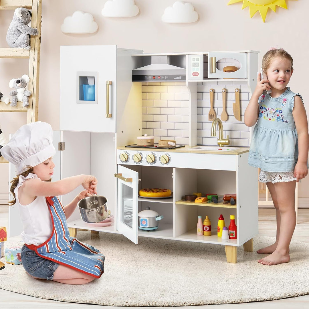 DREAMADE Kinderküche Holz mit 10 TLG. Zubehör, Holzküche Kinder Küche mit Herd Dunstabzugshaube Eism