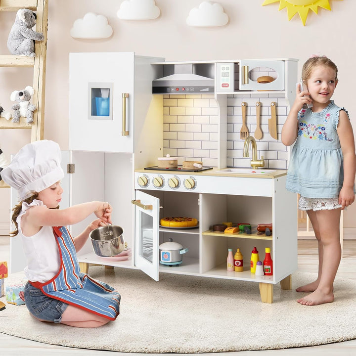DREAMADE Kinderküche Holz mit 10 TLG. Zubehör, Holzküche Kinder Küche mit Herd Dunstabzugshaube Eism