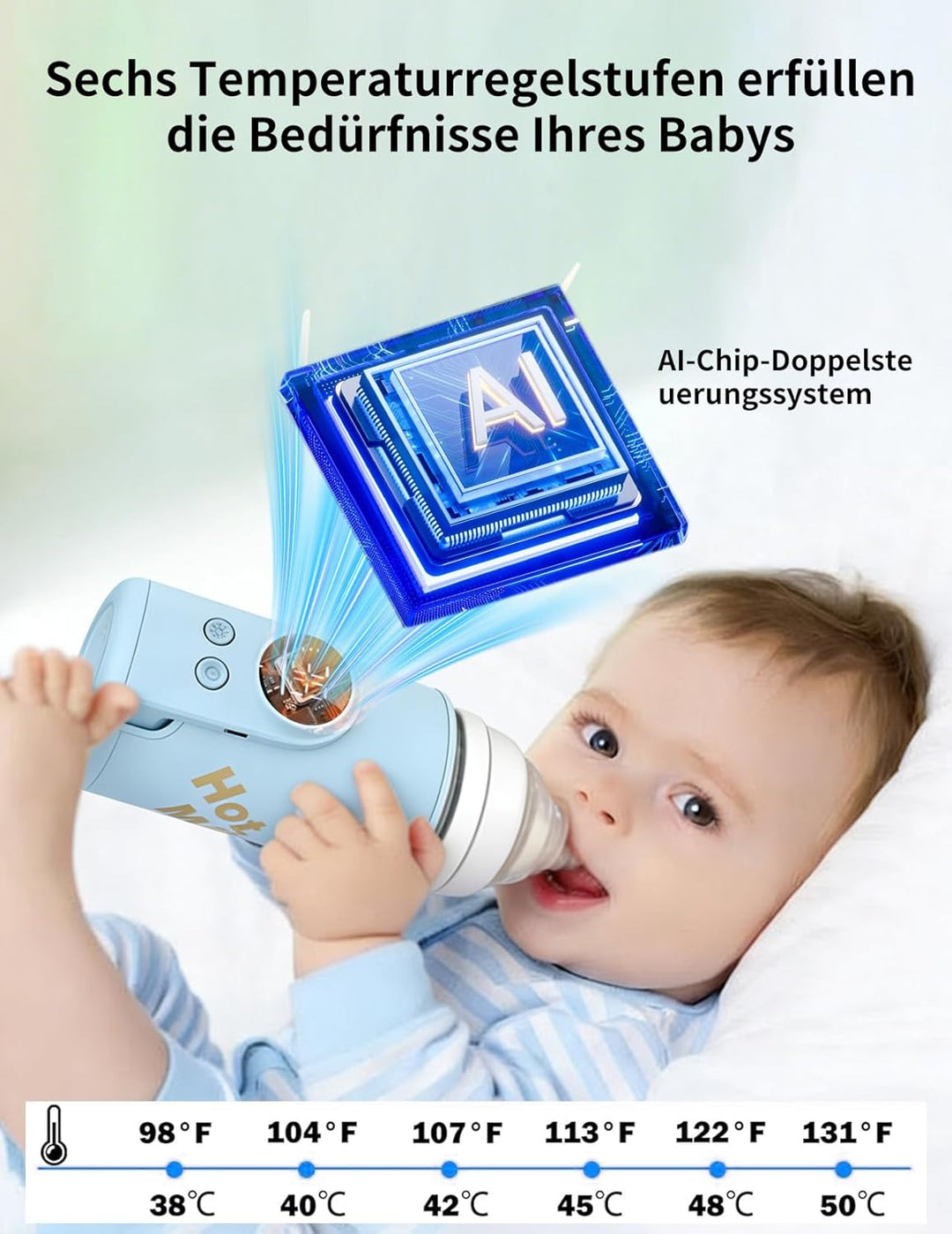 Flaschenwärmer Baby, Babyflaschenwärmer mit 8000mAh Akku, 6 Temperaturstufen 38-50℃, LED-Anzeige &amp; N