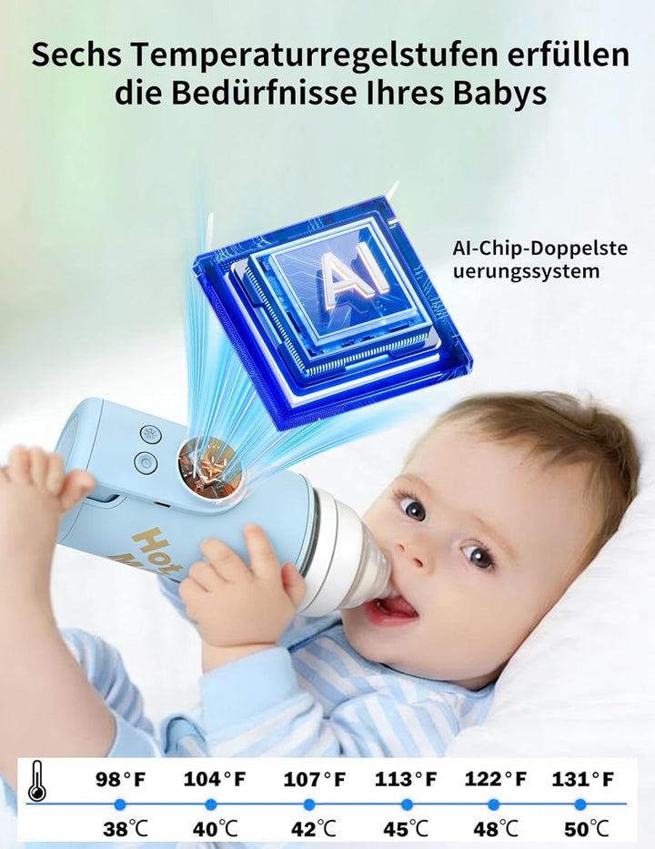 Flaschenwärmer Baby, Babyflaschenwärmer mit 8000mAh Akku, 6 Temperaturstufen 38-50℃, LED-Anzeige &amp; N
