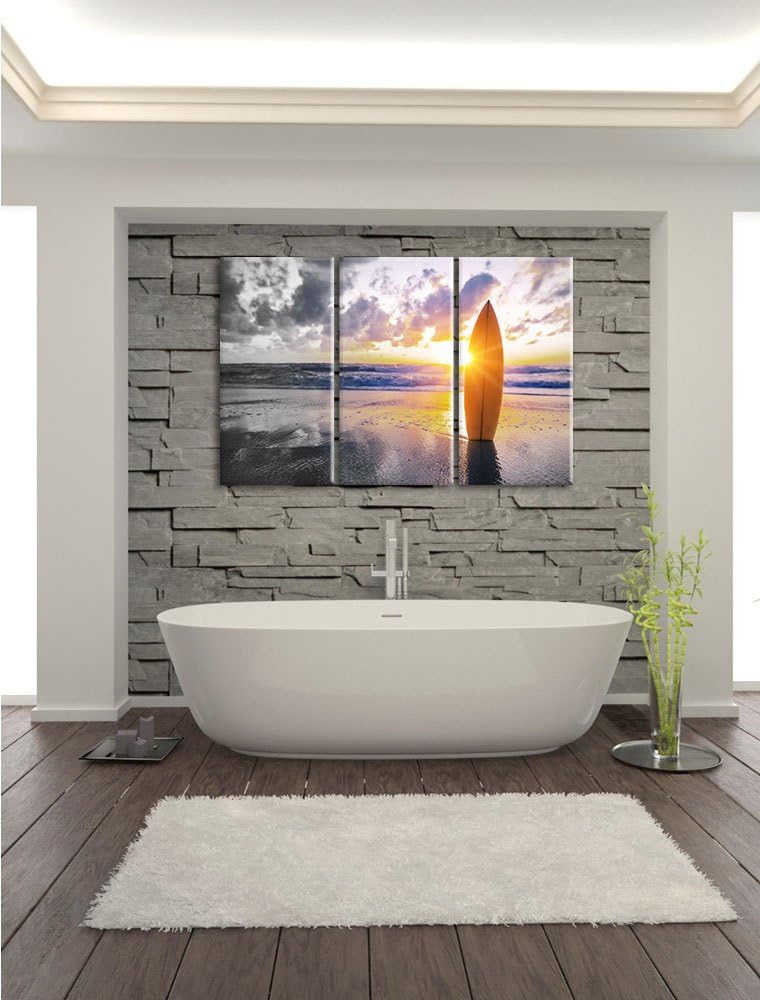 Pixxprint Surfbrett am Strand als Leinwandbild/Grösse: 3 Teilig (120x80 cm) cm/Wandbild/Kunstdruck/f