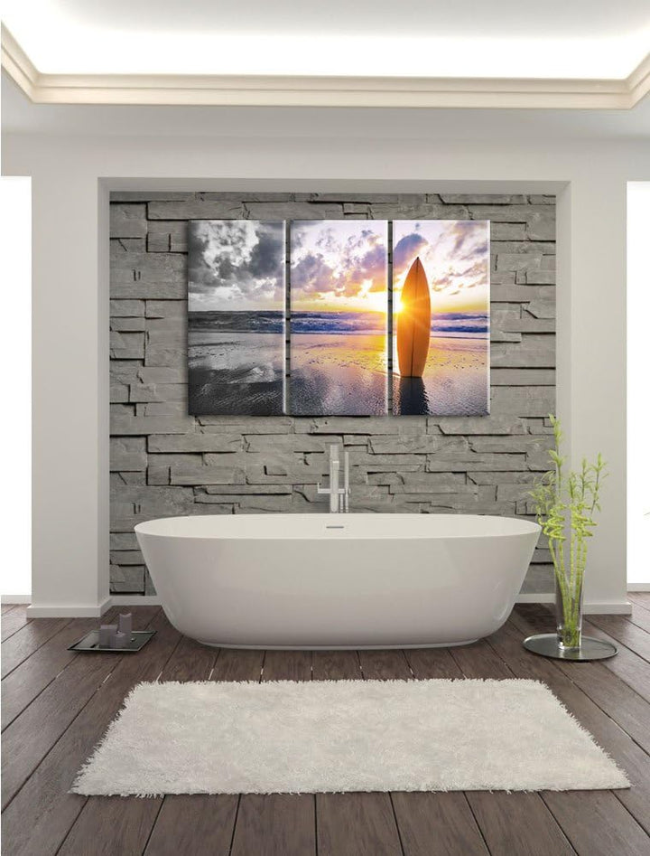 Pixxprint Surfbrett am Strand als Leinwandbild/Grösse: 3 Teilig (120x80 cm) cm/Wandbild/Kunstdruck/f