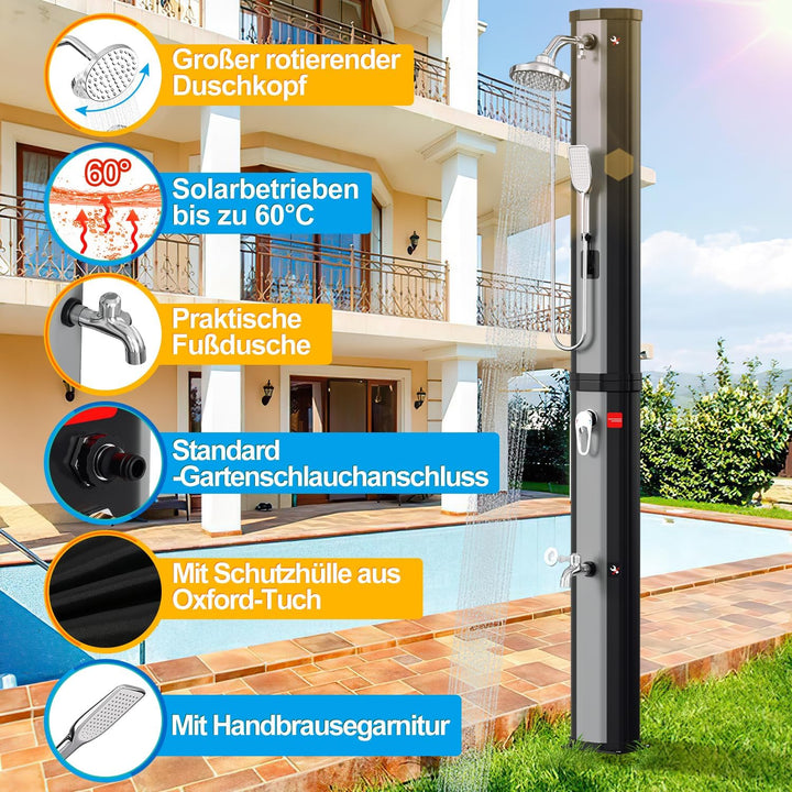 Eulenke solardusche Garten 60 Liter | 226 cm | gartendusche solar | warmes Wasser max. 60 °C | ausse