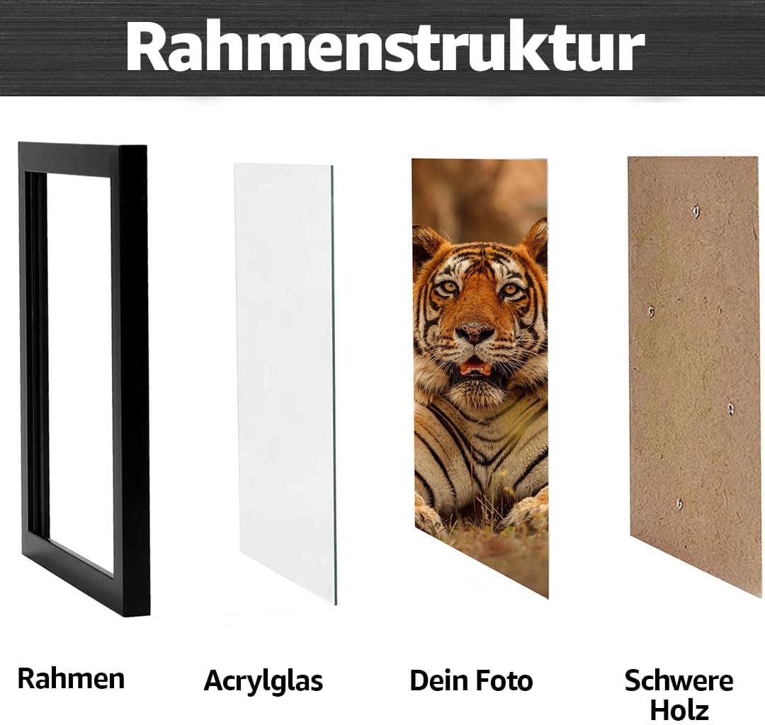 Estancia Schwarzer Holz Bilderrahmen 40x60 cm mit Bruchsicheres Plexi-Glas | Moderner Portraitrahmen