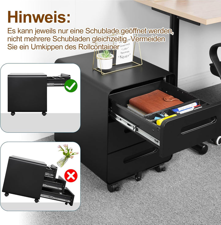 Rollcontainer, Mobiler Aktenschrank mit Schloss, Abgerundeten Ecken, 4 Schlüssel, 3 Schubladen, Druc
