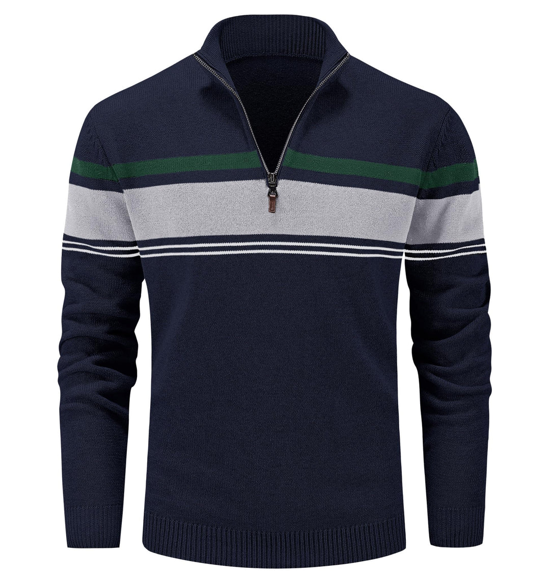 MAGCOMSEN Herren Strickpullover Stehkragen 1/4 Zip Pullover Gestreift Sweater Baumwolle Langarm Swea