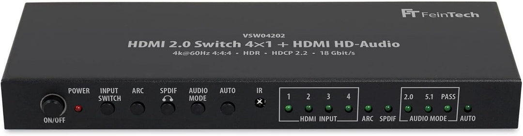 FeinTech VSW04202 HDMI 2.0 Switch 4x1 HD-Audio Extractor 7.1 ARC 4K 60Hz HDR CEC 4x1 Switch + Audio-