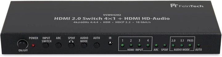 FeinTech VSW04202 HDMI 2.0 Switch 4x1 HD-Audio Extractor 7.1 ARC 4K 60Hz HDR CEC 4x1 Switch + Audio-
