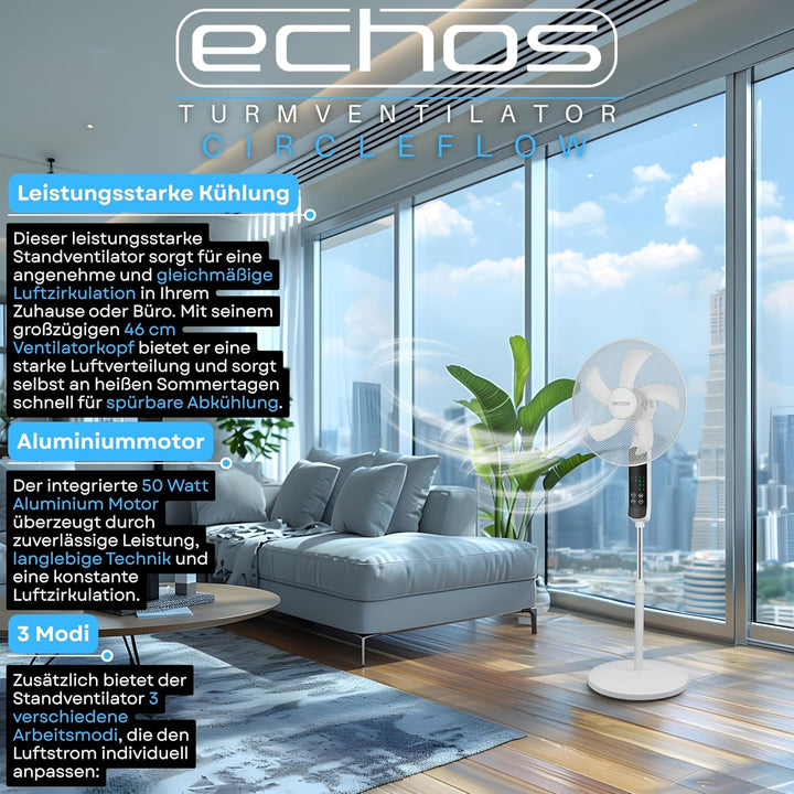 Echos® Standventilator Ø43cm kraftvoller Ventilator sehr leise energiesparend hoher Luftdurchsatz 3