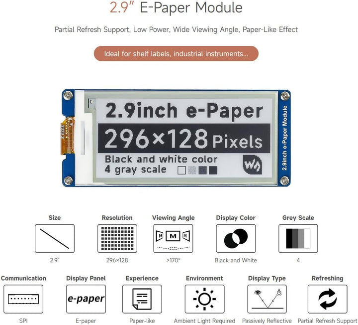 Waveshare 2.9 Inch E-Paper Display Panel Module Kit 296x128 Resolution E-Ink Electronic Screen for f
