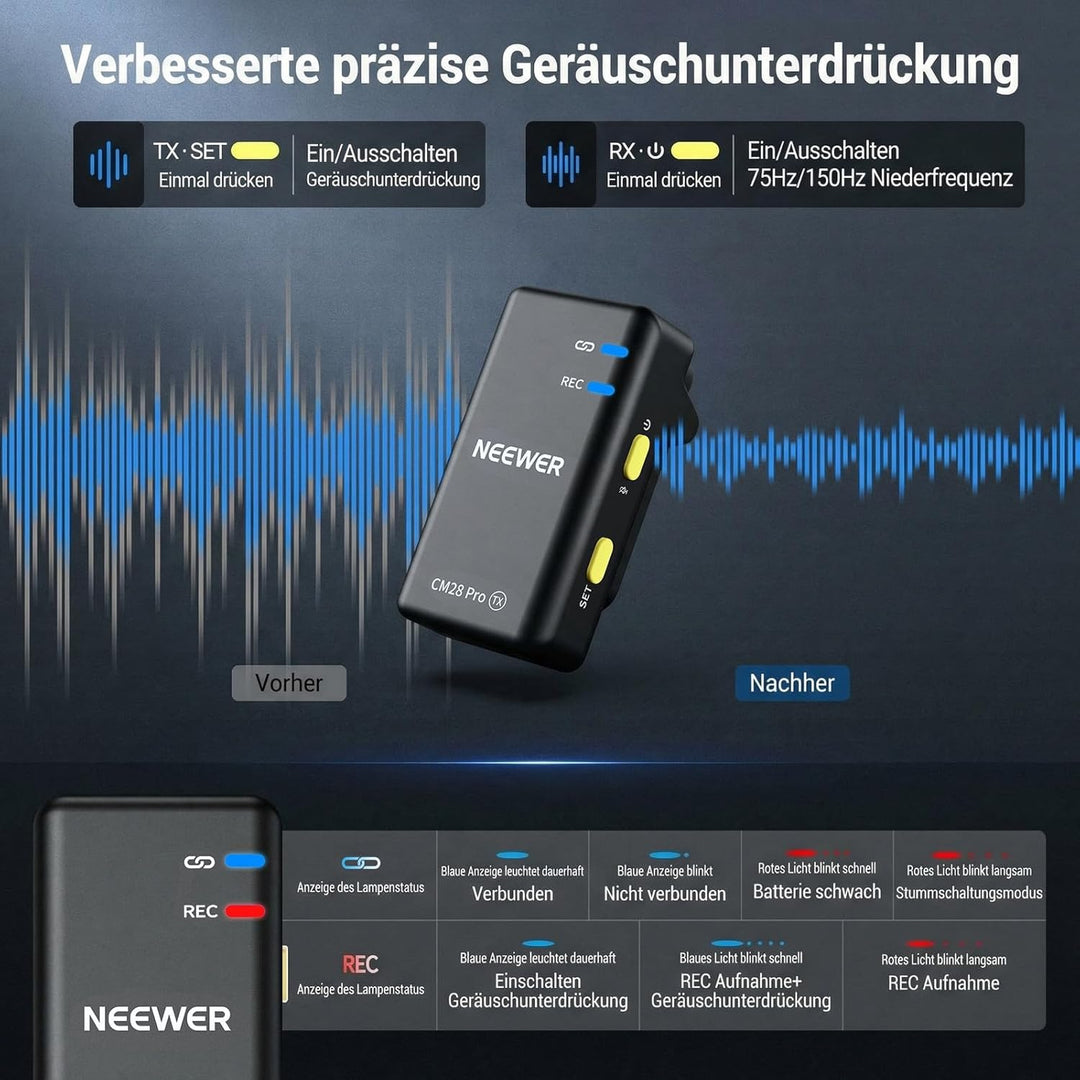 NEEWER CM28 PRO Drahtloses Lavalier Ansteckmikrofon System mit Ladekoffer 48KHz 16 Bit Unkomprimiert