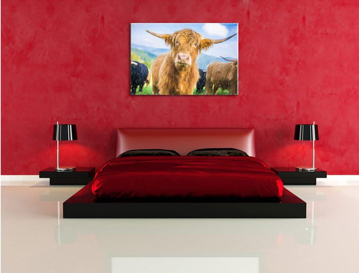 Pixxprint Blick Einer Kuh an der Weide / 100x70cm Leinwandbild bespannt auf Holzrahmen/Wandbild Kuns