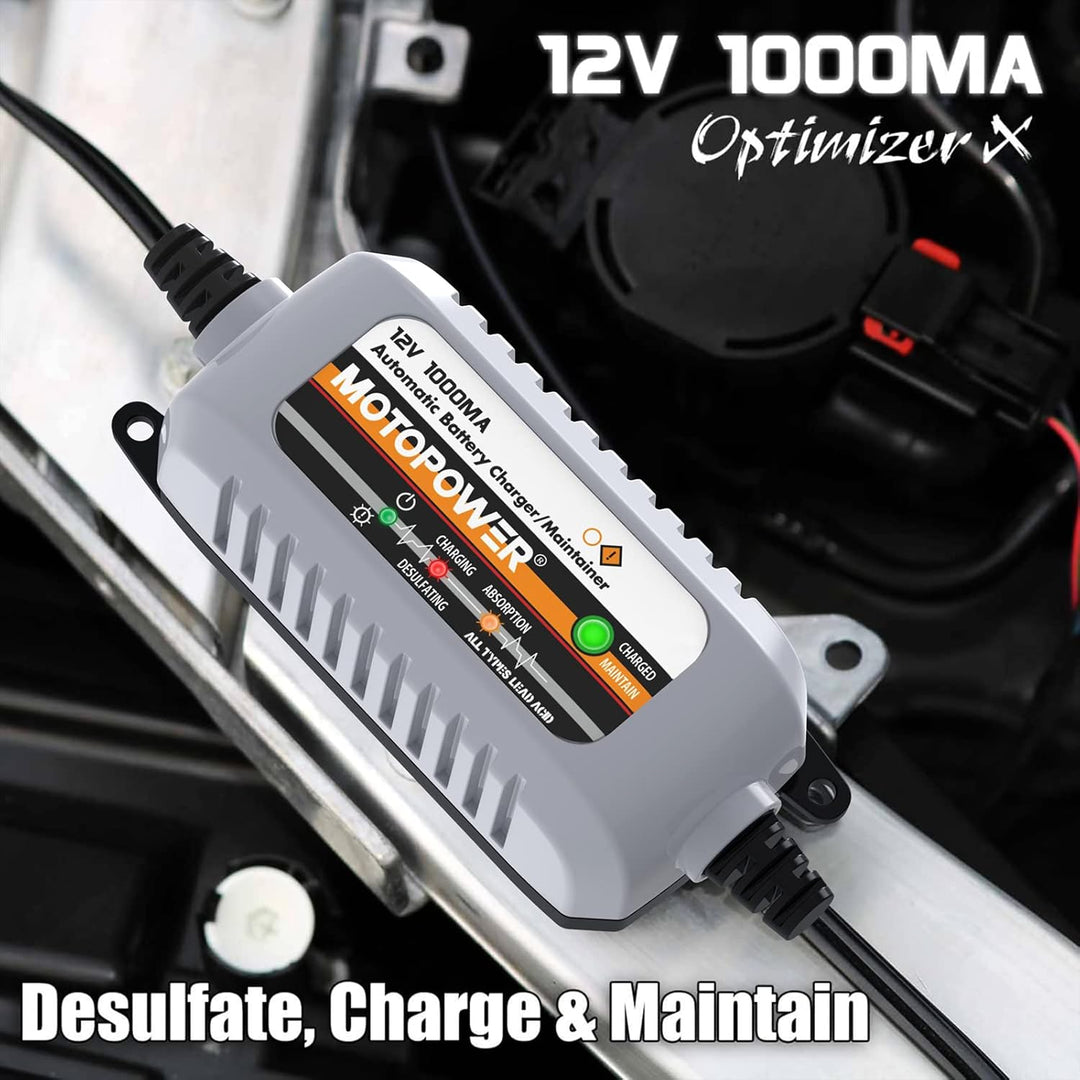MOTOPOWER MP00205B 12V 1000mA Automatisches Ladegerät für Auto, Motorrad und mehr