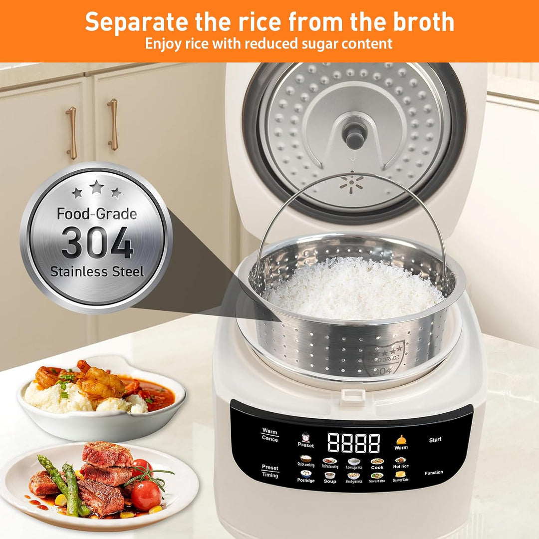 Reiskocher Low Sugar 2L, Rice Cooker mit Low Carb Funktion and Dampfgarer, 10 in 1 Reiskocher mit 24