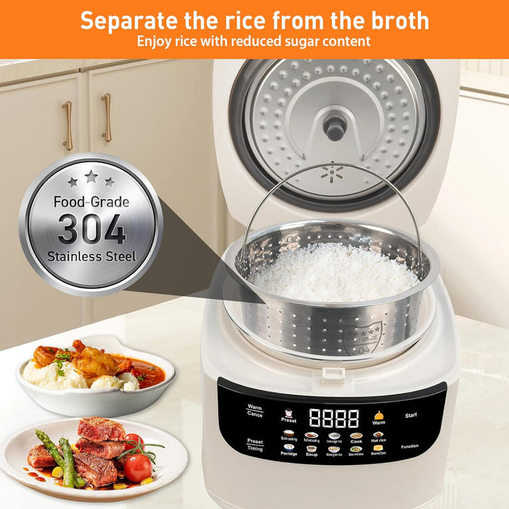 Reiskocher Low Sugar 2L, Rice Cooker mit Low Carb Funktion and Dampfgarer, 10 in 1 Reiskocher mit 24