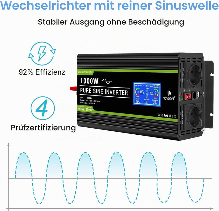NOVOPAL 3000W Reiner Sinus Wechselrichter -Spannungswandler 24v auf 230v mit LCD Display Fehlercodes
