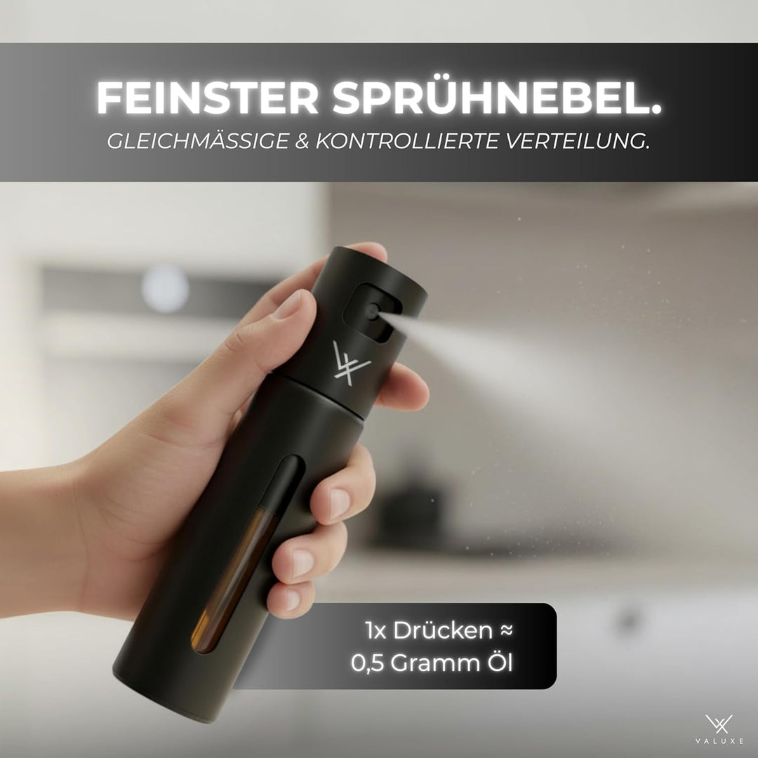 VALUXE® Ölsprüher für Speiseöl & Essig mit UV-Edelstahlmantel & Sprühfilter - Edelstahl Öl-Sprühflas