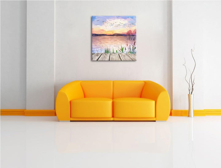 Pixxprint Sonnenuntergang am See Natur Wiese, Format: 70x70 auf Leinwand, 70x70