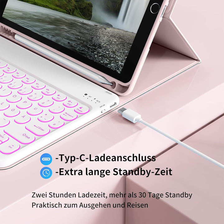 aoub Hülle mit Tastatur für iPad 9./ 8. / 7. Generation, Beleuchtete Tastatur mit Hülle für iPad 10,