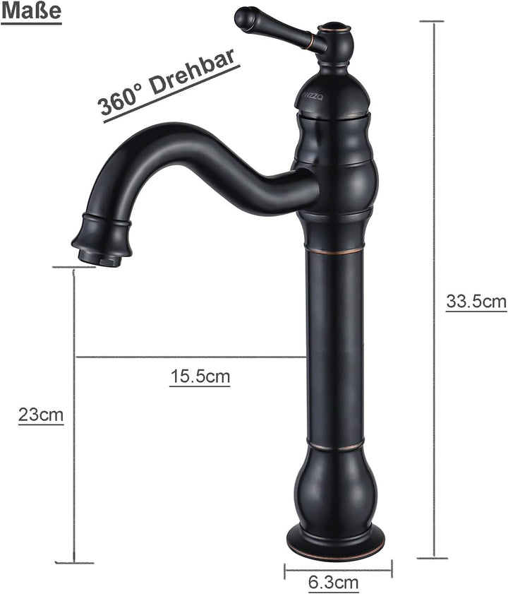 FWZZQ Wasserhahn Bad Schwarz Retro, Waschtischarmatur Hoch 360°Schwenkbar, Einhebel Waschbecken Arma