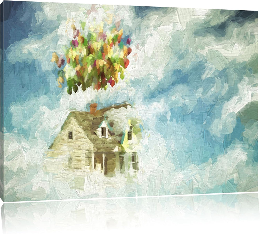 Pixxprint fliegendes Haus mit Luftballons als Leinwandbild/Grösse: 100x70 / Wandbild/Kunstdruck/fert