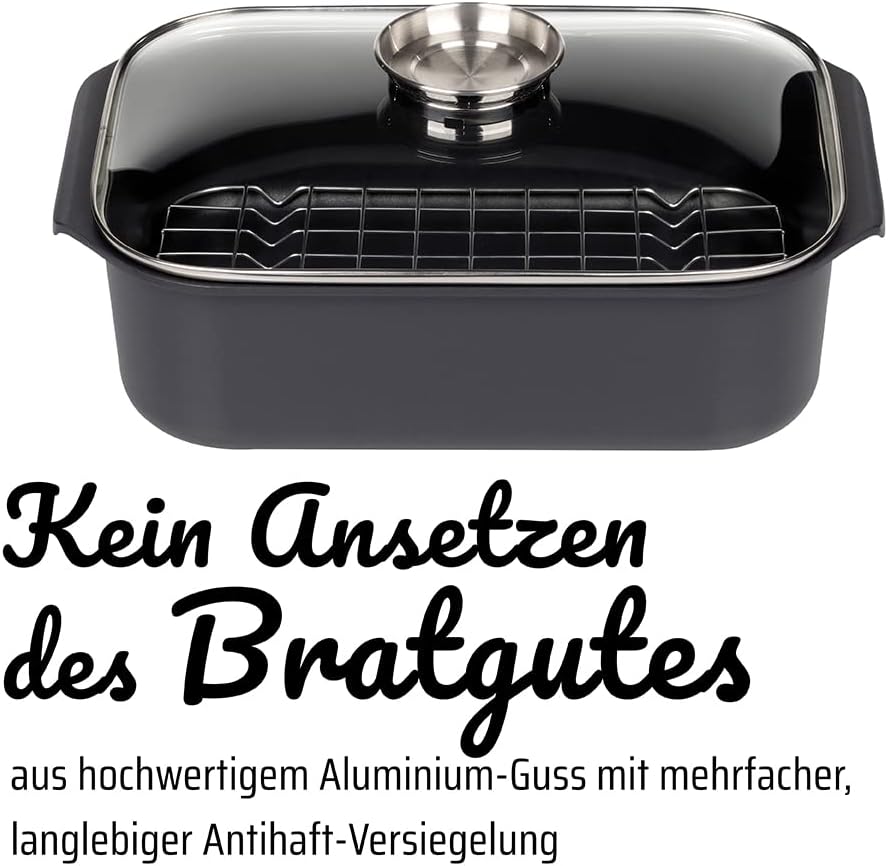 GSW Rechteckbräter Gourmet mit Aroma-Glasdeckel und Grilleinsatz, Aluguss, Schwarz, ø ca. 40 x 26 x