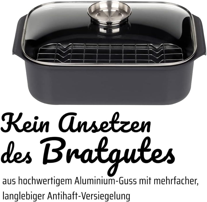 GSW Rechteckbräter Gourmet mit Aroma-Glasdeckel und Grilleinsatz, Aluguss, Schwarz, ø ca. 40 x 26 x