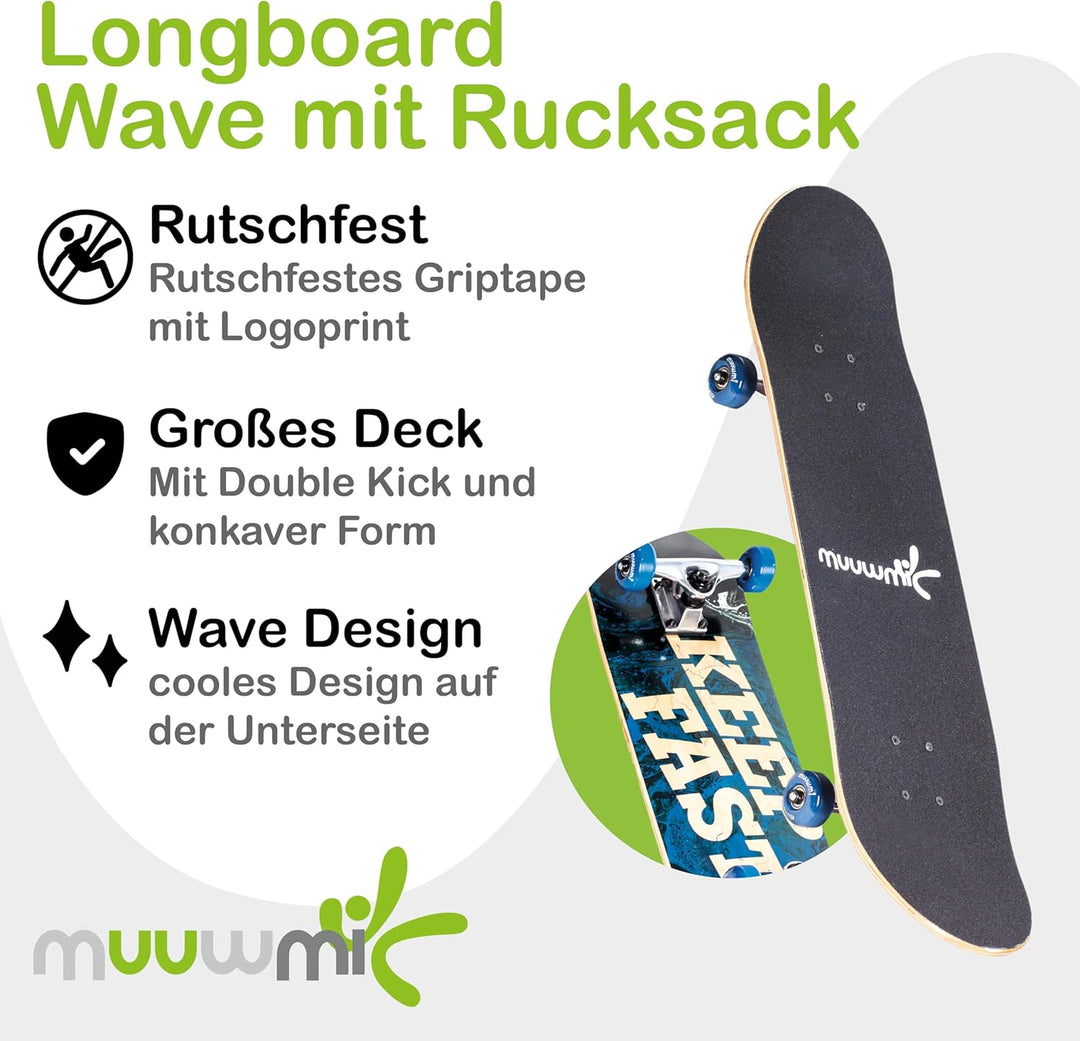 muuwmi ABEC 5 Skateboard mit Rucksack, Unisex, Wave-Design Wave inkl. Rucksack, Wave inkl. Rucksack