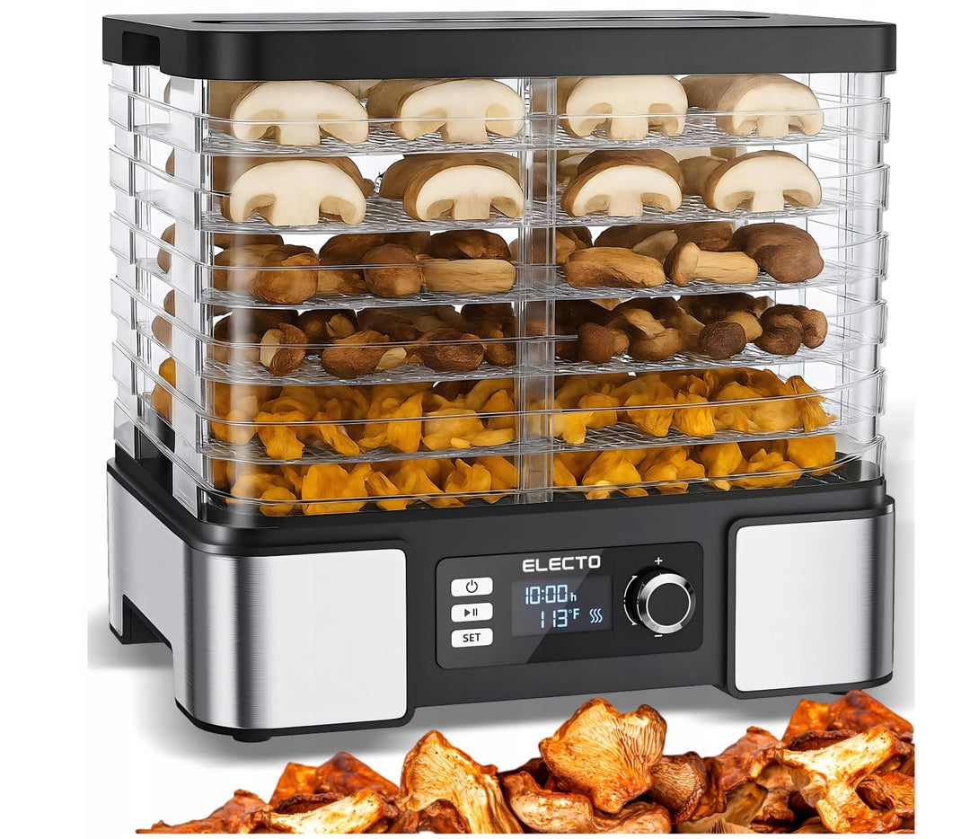ELECTO Dörrautomat 15 L – 500 W – mit Umluft und Timer 1–24 h – 6 BPA-freie Siebe – Edelstahlgehäuse