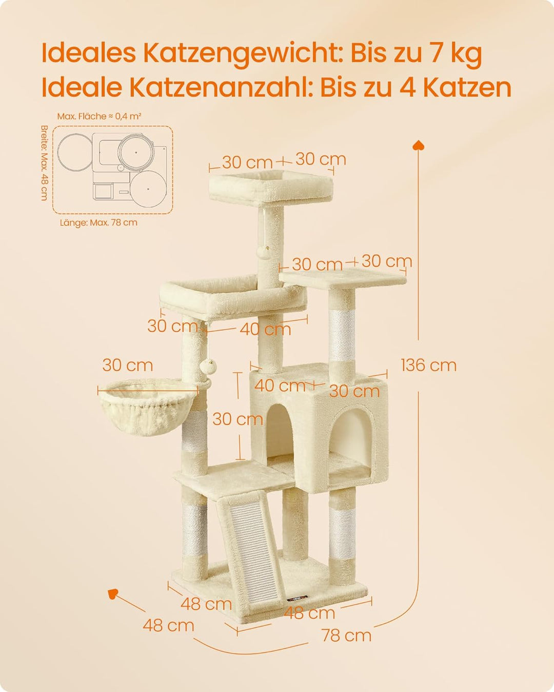 Feandrea Kratzbaum, 136 cm hoch, Katzenbaum, mehrstöckiges Katzenhaus, mit 4 Kratzsäulen, 3 Plattfor