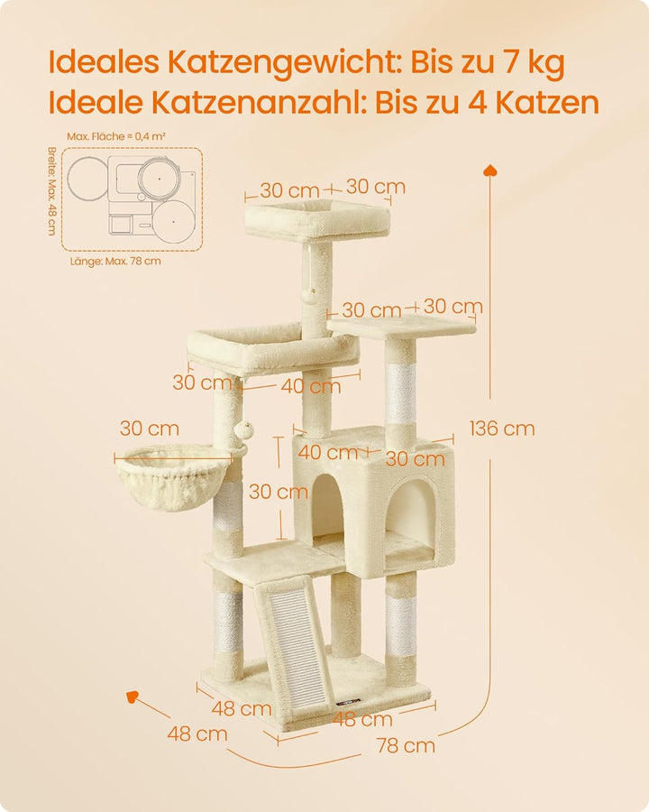 Feandrea Kratzbaum, 136 cm hoch, Katzenbaum, mehrstöckiges Katzenhaus, mit 4 Kratzsäulen, 3 Plattfor