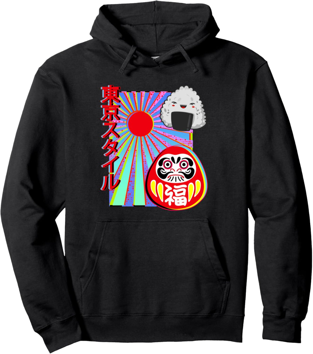Japanischer Kitsch Food Reisball Manga Daruma Puppe Glitch Wave Pullover Hoodie