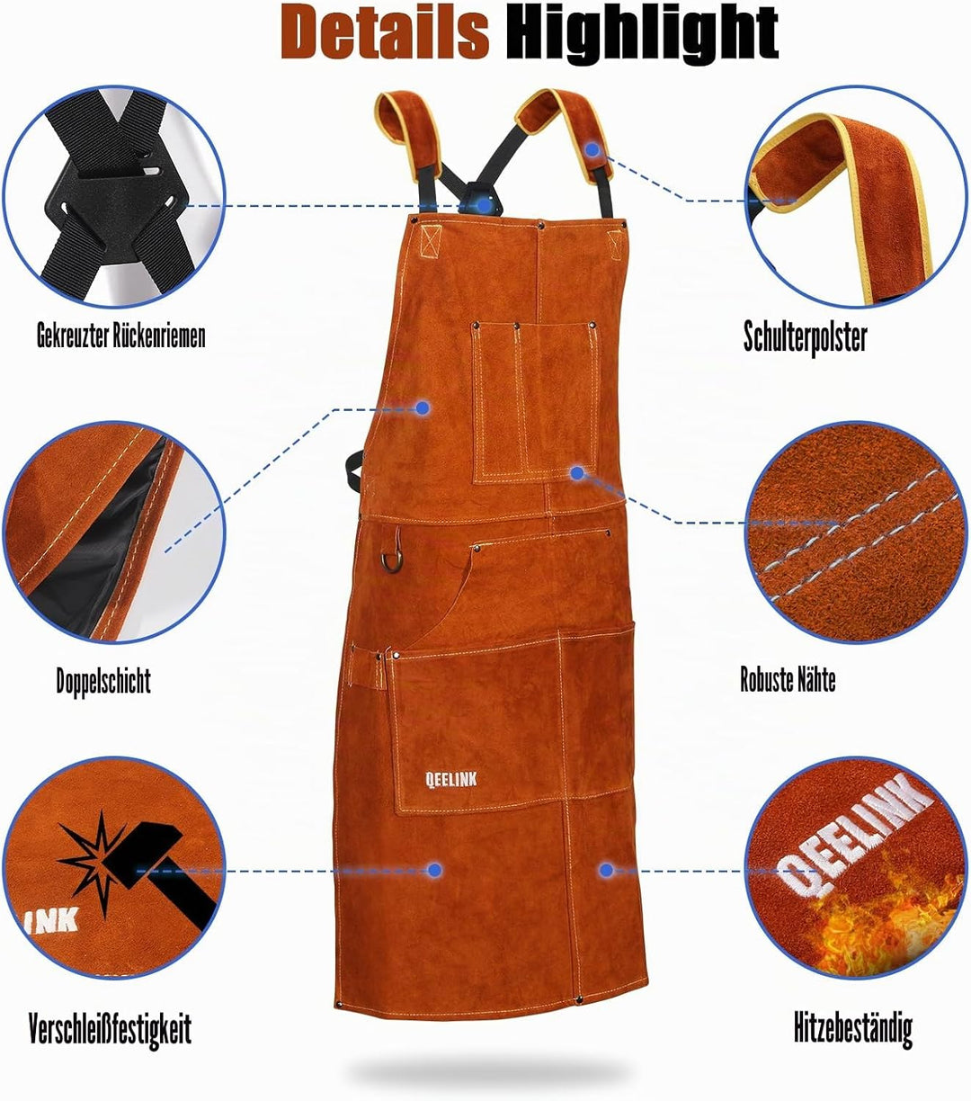 QeeLink Schweissschürze mit Schweisshandschuhe - Lederschürze mit 6 Taschen, Flammhemmende &amp; Hitzebe
