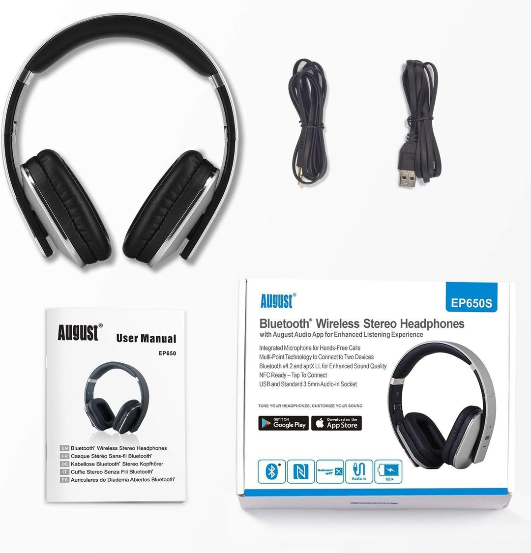August EP650 - Bluetooth Kopfhörer v4.2 NFC mit aptX Low Latency - Stereo Over Ear Headphones mit Au