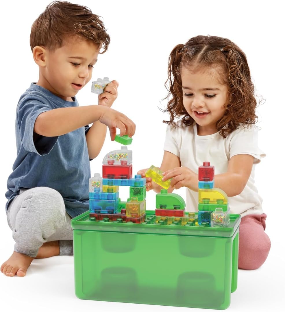 Jelly Blox Stash & Stack (2-in1 Aufbewahrungskoffer), Bauspielzeug ab 2 Jahren, mit 30 Sensorische B