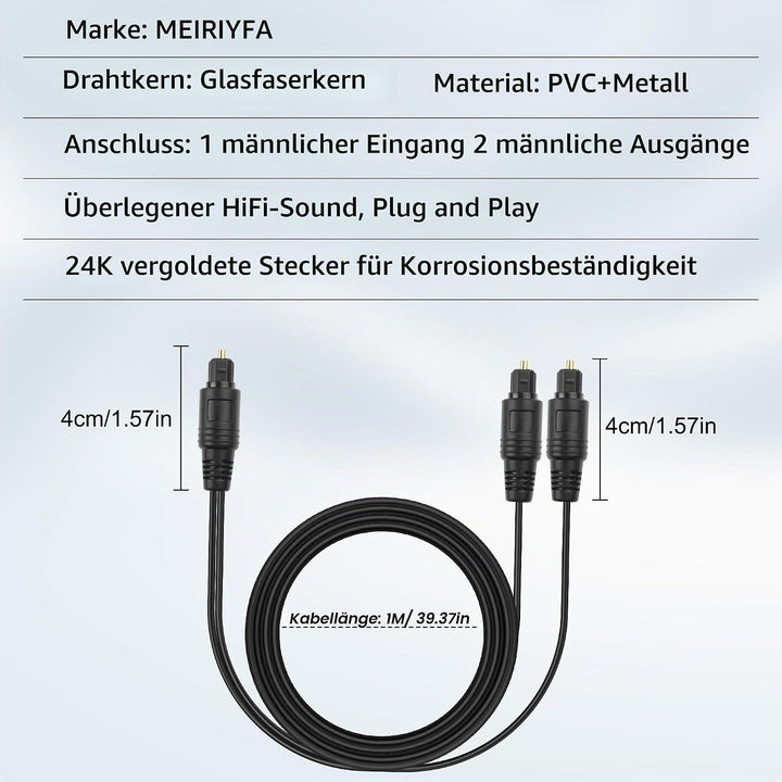 MEIRIYFA Digitaler Optischer Splitter Adapter 1 in 2 Out, 1M Toslink Digital Fiber Optic Audio Split