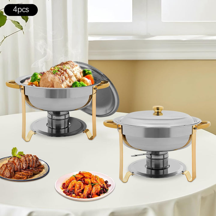 4er Set Rund Chafing Dish Set, Professional Speisenwärmer mit Deckel, 4,5L Edelstahl Buffet Wärmebeh