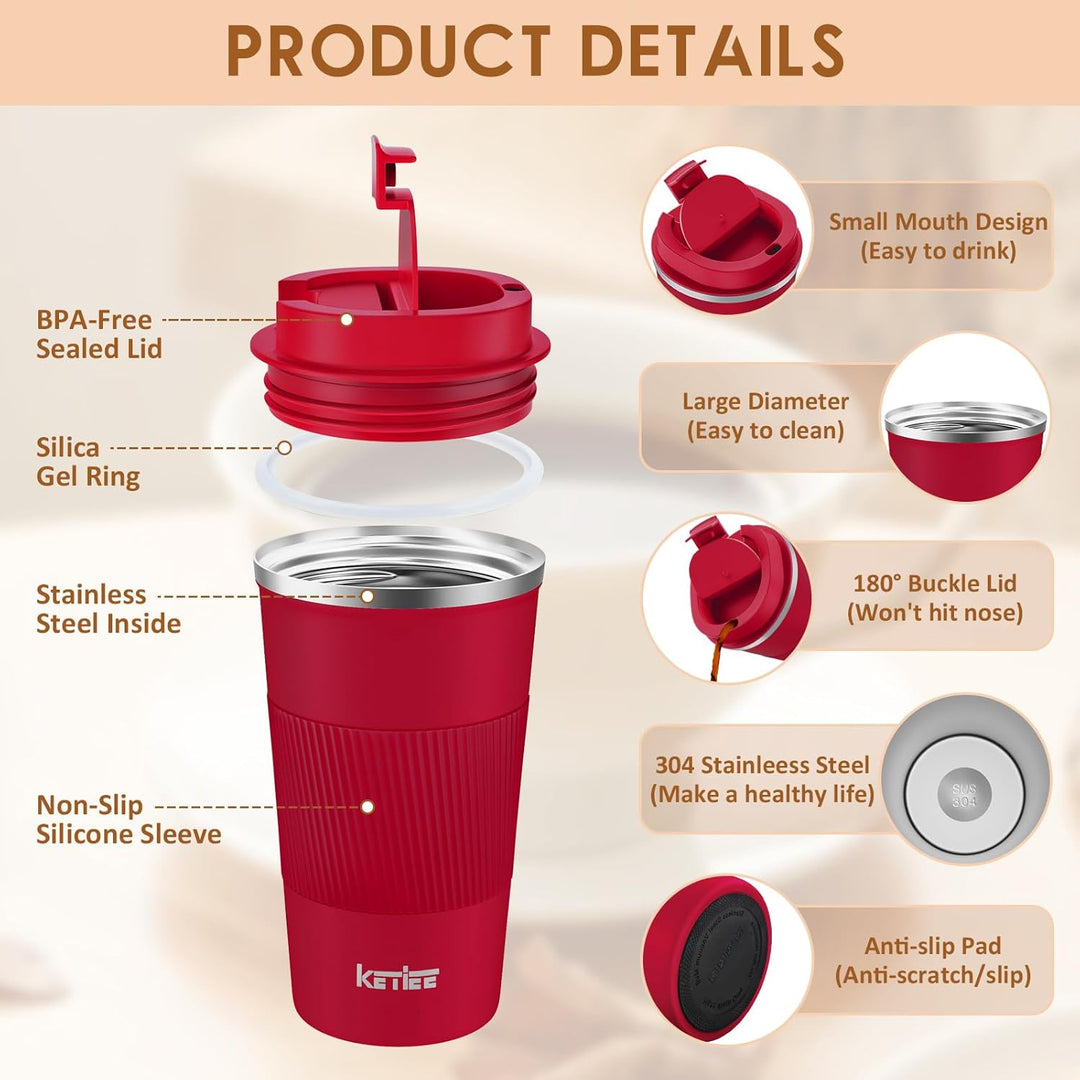 KETIEE Kaffeebecher to go,510ml Thermobecher Kaffee-to-go,Kaffeebecher Thermo,Doppelwandig Reisebech