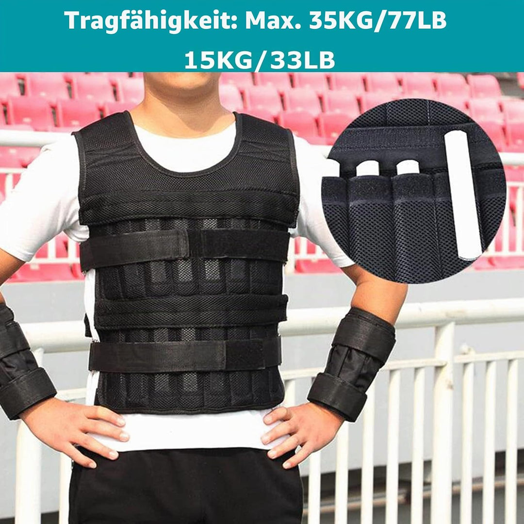 35kg Gewichtsweste mit 6kg Bein- und 5kg Armgewichten, Verstellbare Trainingweste mit 32 Taschen, Me