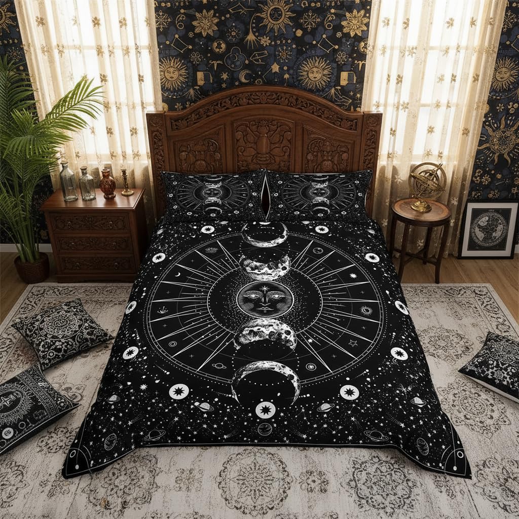 feelingyou Sonne Mond Bettwäsche-Set,Psychedelisch im Boho-Stil Bettwäsche Set 155x220cm,Schwarz und